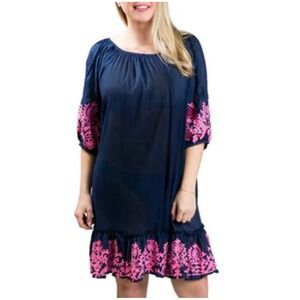 Top It Off Navy Blue Pink Embroidered Off Shoulder Ruffle Dress ML Cotton